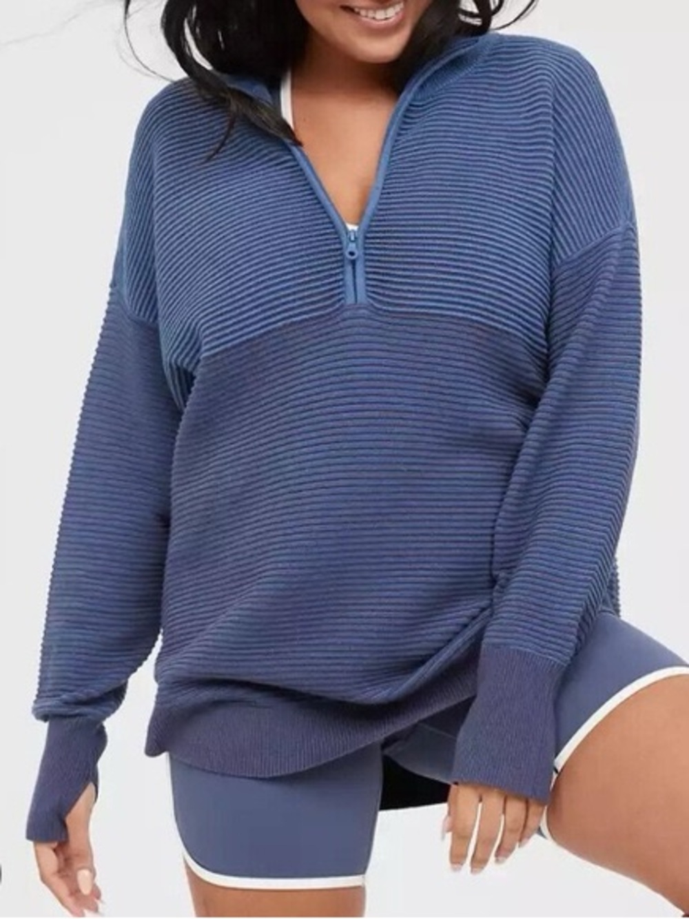 OFFLINE by Aerie Ribbed Quarter Zip Pullover Blue Large Oversized Athletic